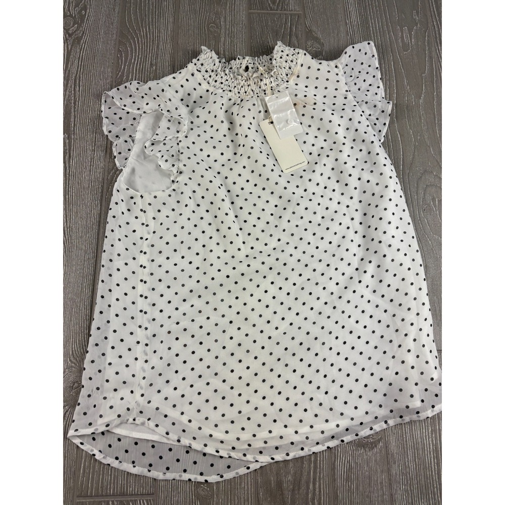 Pleione Women Polka Dot Silky Textured Ruffle Short Sleeve Top White Black S NWT